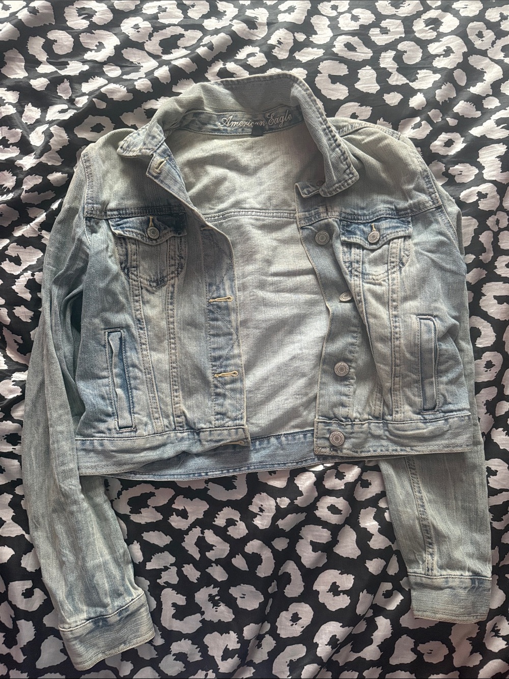 American Eagle Washed Light Blue Denim Jacket with Embroidered Label